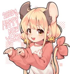 Rule 34 | 1girl, 2020, absurdres, animal ears, blonde hair, brown eyes, cheese hair ornament, commentary, food-themed hair ornament, futaba anzu, hair ornament, happy new year, highres, idolmaster, idolmaster cinderella girls, long hair, long sleeves, looking at viewer, low twintails, mouse ears, mouse tail, new year, open mouth, pink ribbon, ribbon, solo, taemin, tail, tail ornament, tail ribbon, teeth, twintails, upper body, upper teeth only