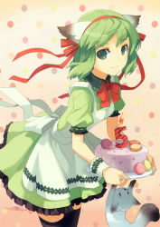Rule 34 | 1girl, absurdres, animal ears, apron, birthday, black thighhighs, bow, bowtie, cake, candle, food, green eyes, green hair, greenwood, h2so4, hair ribbon, highres, looking at viewer, matching hair/eyes, midori (greenwood), original, pastry, ribbon, short hair, smile, solo, thighhighs, waitress, wrist cuffs