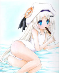 Rule 34 | 1girl, blue eyes, chibinon, chocolate banana, hat, little busters!, long hair, lying, noumi kudryavka, on side, one-piece swimsuit, school swimsuit, sexually suggestive, silver hair, swimsuit, white school swimsuit, white one-piece swimsuit