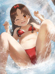 Rule 34 | 1girl, bare arms, bare legs, bare shoulders, bikini, black hair, bow, brown eyes, collarbone, highres, kantai collection, long hair, navel, nisshin (kancolle), one eye closed, open mouth, red bikini, red bow, short eyebrows, sidelocks, smile, solo, swimsuit, toka (marchlizard), very long hair, water