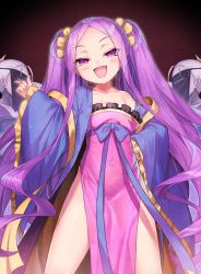 Rule 34 | 1girl, bare shoulders, breasts, collarbone, covered face, cowboy shot, dress, fang, fate/grand order, fate (series), japanese clothes, long hair, looking at viewer, looking down, matanonki, open mouth, parted bangs, pelvic curtain, purple eyes, purple hair, robe, small breasts, smug, solo focus, standing, twintails, very long hair, wu zetian (fate), wu zetian (first ascension) (fate)