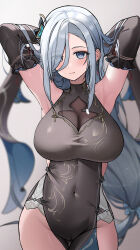 Rule 34 | 1girl, absurdres, armpits, arms up, bare shoulders, black dress, blue eyes, blush, breasts, commentary, covered navel, cowboy shot, detached sleeves, dress, genshin impact, highres, large breasts, lemontea (ekvr5838), long hair, looking at viewer, pelvic curtain, shenhe (frostflower dew) (genshin impact), shenhe (genshin impact), sleeveless, sleeveless dress, smile, solo, standing, very long hair, white hair