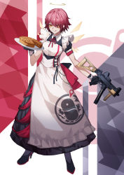 Rule 34 | 1girl, :q, adapted costume, apron, arknights, back bow, black dress, black footwear, black gloves, black legwear, bow, chinese commentary, commentary request, dress, exusiai (arknights), finger on trigger, food, frills, gloves, gun, h&amp;k ump, halo, high heels, holding, holding food, holding gun, holding weapon, leris muma, looking at viewer, neck ribbon, pie, plate, puffy short sleeves, puffy sleeves, red hair, red ribbon, ribbon, short hair, short sleeves, solo, submachine gun, tongue, tongue out, weapon, wings, yellow eyes