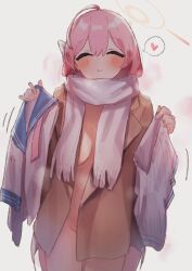 Rule 34 | 1girl, ahoge, blue archive, blush, breasts, brown coat, closed eyes, closed mouth, coat, cowboy shot, epi zero, hair between eyes, halo, hanako (blue archive), heart, highres, holding, holding clothes, holding shirt, holding skirt, large breasts, long hair, naked coat, open clothes, open coat, pink hair, scarf, shirt, simple background, skirt, smile, solo, spoken heart, unworn skirt, very long hair, white background, white scarf, white shirt, white skirt