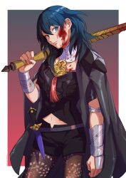 Rule 34 | 1girl, armor, black armor, black cape, black shorts, blood, blood on clothes, blood on face, blue eyes, blue hair, border, brown pantyhose, byleth (female) (fire emblem), byleth (fire emblem), cape, closed mouth, commentary request, expressionless, fire emblem, fire emblem: three houses, hair between eyes, head tilt, highres, holding, holding sword, holding weapon, knife, long hair, navel, nintendo, nzmnnkk, outside border, pantyhose, sheath, sheathed, shorts, solo, sword, sword of the creator, weapon, white border