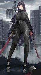 Rule 34 | 1girl, absurdly long hair, absurdres, bodysuit, breasts, chiyu1182, cloud, cloudy sky, covered navel, curvy, dual wielding, fog, full body, highres, holding, impossible clothes, large breasts, long hair, looking at viewer, original, purple hair, rain, red eyes, shipping container, skin tight, sky, solo, standing, sword, very long hair, weapon, wide hips
