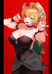 Rule 34 | 1girl, absurdres, armlet, bare shoulders, black dress, blonde hair, blue eyes, blush, borrowed design, bowsette, bracelet, breasts, cleavage, collar, collarbone, commentary request, crown, dress, fingernails, hands up, highres, horns, jewelry, kate iwana, large breasts, looking at viewer, mario (series), nail polish, new super mario bros. u deluxe, nintendo, open mouth, ponytail, red background, red nails, sharp fingernails, sharp teeth, solo, spiked bracelet, spiked collar, spikes, strapless, strapless dress, super crown, teeth, turtle shell