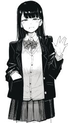 1girl blazer blush bow bowtie cardigan collared_shirt cowboy_shot ear_piercing greyscale grin hand_up highres jacket long_hair long_sleeves monochrome open_clothes open_jacket original parted_lips piercing pleated_skirt school_uniform shirt simple_background skirt smile waving white_background ya_si0