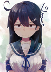 Rule 34 | 1girl, absurdres, ahoge, black hair, blue sailor collar, breasts, commentary request, highres, kantai collection, large breasts, long hair, looking at viewer, sailor collar, sailor shirt, shirt, solo, taisho (gumiyuki), upper body, ushio (kancolle)