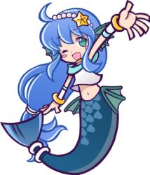 Rule 34 | 1girl, ;d, ahoge, aqua eyes, artist request, blue hair, blush, blush stickers, choker, fins, full body, hair ornament, head fins, heart, long hair, low-tied long hair, lowres, mermaid, monster girl, navel, non-web source, one eye closed, open mouth, outstretched arm, puyopuyo quest, scales, serilly (puyopuyo), smile, solo, transparent background, very long hair, wristband