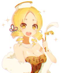 Rule 34 | 1girl, animal print, bad id, bad pixiv id, bare shoulders, blonde hair, blush, breasts, cheesecake cookie, cheesecake cookie (cosplay), chromatic aberration, cleavage, cookie run, cosplay, dress, drill hair, feathers, food, food on head, hair ornament, henin, jewelry, large breasts, leopard print, looking at viewer, mahou shoujo madoka magica, mahou shoujo madoka magica (anime), necklace, object on head, open mouth, opera glasses, pearl necklace, simple background, solo, sparkle, tomoe mami, twin drills, twintails, upper body, white background, yellow eyes