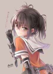 Rule 34 | 10s, 1girl, alternate hairstyle, back, black gloves, brown background, brown eyes, brown hair, elbow gloves, gloves, hair between eyes, kantai collection, looking at viewer, looking back, machinery, messy hair, morigami (morigami no yashiro), school uniform, sendai (kancolle), serafuku, short hair, short sleeves, short twintails, smile, solo, translated, twintails, twitter username, two side up
