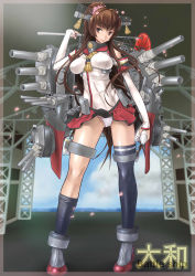 Rule 34 | 10s, 1girl, absurdres, ankle boots, arrow (projectile), blush, boots, brown eyes, brown hair, flower, hair flower, hair ornament, highres, japanese clothes, juubaori mashumaro, kantai collection, light smile, long hair, looking at viewer, panties, pantyshot, personification, ponytail, revision, single thighhigh, skirt, solo, thighhighs, underwear, upskirt, weapon, yamato (kancolle)
