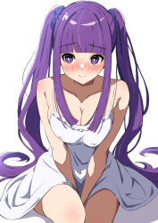 Rule 34 | 1girl, alternate hairstyle, amenocchi, averting eyes, bare shoulders, between legs, blue scrunchie, blunt bangs, breasts, bright pupils, cleavage, closed mouth, collarbone, commentary request, dress, embarrassed, fern (sousou no frieren), hair ornament, hair scrunchie, hand between legs, highres, large breasts, long hair, purple eyes, purple hair, scrunchie, sidelocks, solo, sousou no frieren, twintails, white background, white dress, white pupils
