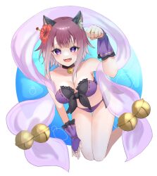 Rule 34 | 1girl, :3, :d, animal ear fluff, animal ears, bare shoulders, bell, bikini, blush, breasts, cat ears, cat girl, cleavage, commentary request, fangs, fangs out, flower, full body, hair flower, hair ornament, highres, jingle bell, looking at viewer, medium breasts, navel, official alternate costume, open mouth, princess connect!, purple bikini, purple eyes, ribbon-trimmed bikini, shiroue tomari, short hair, smile, solo, swimsuit, tamaki (princess connect!), tamaki (summer) (princess connect!), white background