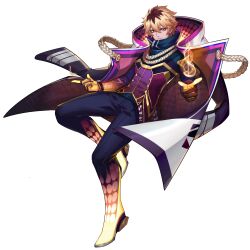 Rule 34 | 1boy, artist request, blonde hair, brown hair, coat, coat on shoulders, full body, gloves, gradient pants, highres, kai (omega strikers), knee up, looking at viewer, magic, male focus, multicolored hair, non-web source, official alternate costume, official art, omega strikers, pants, purple eyes, short hair, solo, two-tone hair
