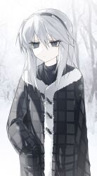 Rule 34 | 1girl, absurdres, bare tree, black coat, black hairband, clannad, closed mouth, coat, empty eyes, expressionless, fur coat, grey eyes, hair between eyes, hairband, hand in pocket, highres, long bangs, long hair, long sleeves, looking afar, looking to the side, muted color, outdoors, plaid, plaid coat, sakagami tomoyo, snow, snowing, solo, tree, upper body, white hair, yexinhan