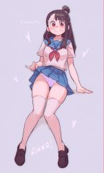 Rule 34 | 1girl, absurdres, arm support, artist name, asymmetrical bangs, blue skirt, blush, breasts, brown footwear, brown hair, clothes lift, collarbone, commentary, commission, copyright notice, english commentary, flashing, floral print, grey background, heart, highres, kagari atsuko, lavender panties, little witch academia, loafers, long hair, looking at viewer, marii pily, midriff peek, panties, pleated skirt, red eyes, sailor collar, school uniform, serafuku, shoes, sidelocks, simple background, sitting, skindentation, skirt, skirt lift, small breasts, smile, solo, sweatdrop, tareme, thigh gap, thighhighs, underwear, white thighhighs
