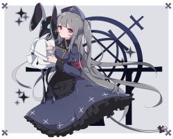 Rule 34 | 1girl, armband, blue dress, captain yue, dress, grey hair, hat, indie virtual youtuber, jewelry, long hair, long sleeves, looking at viewer, minai karte, necklace, nurse cap, red eyes, solo, two side up, virtual youtuber