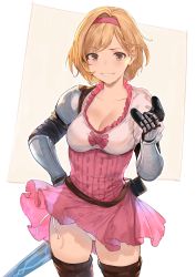 Rule 34 | 1girl, blonde hair, blush, boots, breasts, brown thighhighs, cleavage, clothes lift, collarbone, commentary, controller, djeeta (granblue fantasy), dress, dress lift, gloves, granblue fantasy, granblue fantasy versus, grin, hairband, hand on own hip, hand up, heart, hews, highres, holding, holding controller, looking at viewer, medium breasts, panties, pantyshot, pink dress, playstation controller, red hairband, short hair, smile, solo, standing, sword, sword behind back, thigh boots, thighhighs, underwear, upskirt, weapon, white panties, yellow eyes