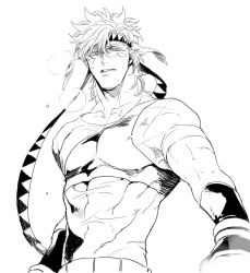 Rule 34 | 1boy, breath, caesar anthonio zeppeli, chest protector, facial mark, feather hair ornament, feathers, fingerless gloves, gloves, greyscale, hair ornament, headband, jojo no kimyou na bouken, male focus, monochrome, muneate, s gentian, solo, sweat