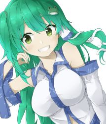 Rule 34 | 1girl, bare shoulders, blush, breasts, collarbone, collared shirt, commentary, detached sleeves, frog hair ornament, green eyes, green hair, grin, hair ornament, hair tubes, hand in own hair, kochiya sanae, large breasts, leaning to the side, long hair, looking to the side, navel, one side up, shirt, simple background, smile, snake hair ornament, solo, teeth, touhou, tyouseki, upper body, white background, white shirt, wide sleeves