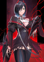 Rule 34 | 1girl, absurdres, asymmetrical clothes, azur lane, black coat, black hair, black thighhighs, breasts, claw ring, coat, cross, from below, hair over one eye, highres, horns, iron cross, kaki z3, looking at viewer, looking down, mechanical horns, medium breasts, multicolored hair, red horns, solo, standing, thighhighs, torn clothes, torn coat, two-tone hair, ulrich von hutten (azur lane), underboob, white hair, yellow eyes