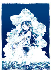 Rule 34 | 1girl, black hair, blue theme, blush, cloud, highres, long hair, looking at viewer, monochrome, one eye closed, original, partially submerged, sky, solo, swimsuit, takanashi ringo, wading, water, wet, wet clothes, wet hair, wringing clothes