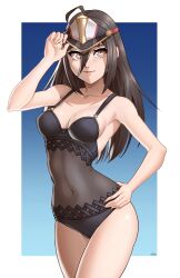 Rule 34 | 1girl, absurdres, breasts, brown hair, covered navel, hand on own hip, highres, long hair, medium breasts, morag ladair (obligatory leave) (xenoblade), morag ladair (xenoblade), see-through swimsuit, solo, swimsuit, visor cap, watermark, x xith x, xenoblade chronicles (series), xenoblade chronicles 2