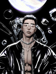 Rule 34 | 1boy, abs, absurdres, ball, bara, billiard ball, black hair, black jacket, bubble, chain, chain necklace, glasses, highres, ice, ice cube, jacket, jewelry, large pectorals, looking at viewer, male focus, muscular, muscular male, necklace, open clothes, open jacket, original, parted lips, pectoral cleavage, pectorals, short hair, solarsistim, solo, upper body