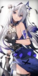 Rule 34 | amane kanata, amane kanata (work), angel, angel wings, bandaged arm, bandages, belt collar, black collar, black dress, black gloves, blue hair, blush, collar, colored inner hair, double bun, dress, feathers, gloves, gradient dress, grey hair, hair bun, halo, highres, hololive, looking at viewer, multicolored hair, official alternate costume, purple eyes, solo, star halo, thigh strap, thomas 8000, virtual youtuber, white background, wings