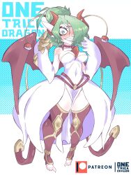 Rule 34 | absurdres, blue eyes, blush, breasts, creatures (company), digimon, fusion, game freak, gardevoir, gen 3 pokemon, highres, horns, lilithmon, looking at viewer, medium breasts, nintendo, one trick dragon, pokemon, smile, wings
