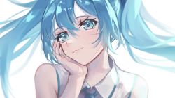 Rule 34 | 1girl, absurdres, aqua eyes, aqua hair, aqua necktie, bare shoulders, blue eyes, blue hair, blush, closed mouth, eyelashes, floating hair, hand on own cheek, hand on own face, hand up, hatsune miku, head rest, head tilt, highres, lipgloss, long hair, looking at viewer, necktie, portrait, simple background, sleeveless, smile, solo, twintails, vocaloid, white background, yuzuha wasa