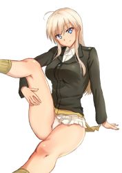 Rule 34 | 1girl, ahoge, bad id, bad twitter id, blonde hair, blue eyes, hanna-justina marseille, leg up, long hair, looking at viewer, new yukuyon, panties, sidelocks, smile, solo, strike witches, underwear, white background, white panties, world witches series