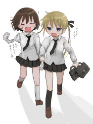 Rule 34 | 2girls, ^ ^, absurdres, amputee, armless amputee, bag, bandaid, bandaid on cheek, bandaid on face, black ribbon, black skirt, black socks, blonde hair, blush, briefcase, brown footwear, brown hair, closed eyes, clothes grab, collared shirt, commentary request, double amputee, floating hair, full body, hair ribbon, highres, holding, holding bag, jitome, kill me baby, kneehighs, loafers, looking at another, looking back, multiple girls, musical note, open mouth, oribe yasuna, pleated skirt, pulling, purple eyes, ribbon, school briefcase, school uniform, shirt, shoes, simple background, skirt, sleeve grab, smile, socks, sonya (kill me baby), sweatdrop, translation request, twintails, v-shaped eyebrows, walking, white background, white shirt, white socks, yasashii naizou
