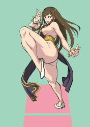 Rule 34 | 1girl, absurdres, alternate costume, alternate hairstyle, ass, bare arms, bare legs, bare shoulders, blue dress, bracelet, braid, breasts, brown eyes, brown hair, capcom, china dress, chinese clothes, chun-li, curvy, dress, highres, huge ass, jewelry, kicking, large breasts, leg up, looking at viewer, makinaru, no bra, shiny skin, shoes, sideboob, simple background, smile, solo, spiked bracelet, spikes, street fighter, twin braids