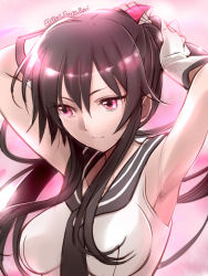 Rule 34 | 10s, 1girl, adjusting hair, armpits, arms behind head, bare shoulders, black hair, gloves, glowing, glowing eyes, hair over shoulder, kantai collection, long hair, looking to the side, pink eyes, ponytail, primary stage, school uniform, serafuku, serious, shirt, sidelocks, sleeveless, sleeveless shirt, solo, tsurime, upper body, white gloves, yahagi (kancolle)