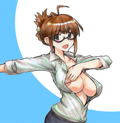 Rule 34 | 1girl, akizuki ritsuko, antenna hair, areola slip, blush, breast slip, breasts, brown eyes, brown hair, covered erect nipples, covering nipples, covering privates, dress shirt, folded ponytail, glasses, idolmaster, idolmaster (classic), kikuta, large breasts, looking at viewer, one breast out, open clothes, open mouth, open shirt, semi-rimless eyewear, shirt, short hair, sideboob, simple background, sleeves rolled up, smile, solo, under-rim eyewear