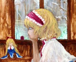 Rule 34 | 1girl, alice margatroid, apple, blonde hair, blue dress, blue eyes, boots, bottle, bush, capelet, doll, dress, eyelashes, closed eyes, fence, finale inoue, food, forest, fruit, hairband, head rest, highres, indoors, light smile, long sleeves, nature, necktie, oil painting (medium), painting (medium), profile, ribbon, shanghai doll, short hair, sitting, smile, snow, solo, touhou, traditional media, window