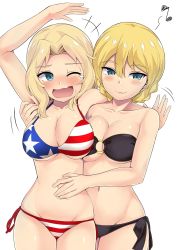 Rule 34 | +++, 2girls, ;d, american flag bikini, american flag print, arm around shoulder, arm up, bikini, black bikini, blonde hair, blue eyes, blush, braid, breasts, cleavage, closed mouth, commentary, cowboy shot, darjeeling (girls und panzer), eighth note, fang, flag print, girls und panzer, groin, hair intakes, hand on another&#039;s stomach, highres, kay (girls und panzer), kuku123, large breasts, long hair, looking at another, medium breasts, motion lines, multiple girls, musical note, navel, o-ring, o-ring bikini, one eye closed, open mouth, print bikini, short hair, side-tie bikini bottom, simple background, skin fang, smile, standing, strapless, strapless bikini, string bikini, sweat, swimsuit, tearing up, tickling, tickling armpits, tickling stomach, twin braids, wavy mouth, white background