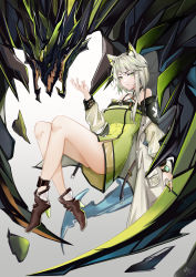 Rule 34 | 1girl, absurdres, animal ear fluff, animal ears, arknights, bare legs, bare shoulders, black footwear, boots, breasts, chinese commentary, commentary request, dress, gradient background, green dress, green eyes, grey background, hand up, high heel boots, high heels, highres, kal&#039;tsit (arknights), liuleiwowotou, long hair, long sleeves, looking at viewer, medium breasts, mon3tr (arknights), off-shoulder dress, off shoulder, short dress, silver hair, solo, thighs, watch, wristwatch