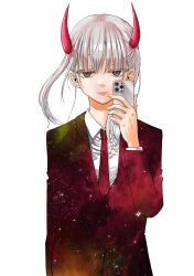 Rule 34 | 1girl, black suit, blunt bangs, brown eyes, cosmos (tamura ryuuhei), formal, grey hair, highres, holding, holding phone, homura rin (cosmos), horns, long hair, long sleeves, looking at viewer, non-web source, official art, phone, red horns, shirt, solo, suit, tamura ryuuhei, twintails, upper body, white background, white shirt