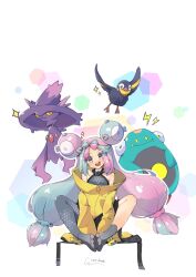Rule 34 | 191442028, 1girl, absurdres, bellibolt, bow-shaped hair, character hair ornament, creatures (company), game freak, gen 4 pokemon, grey pantyhose, gym leader, hair ornament, hexagon print, highres, iono (pokemon), jacket, long hair, low-tied long hair, mismagius, multicolored hair, nintendo, oversized clothes, pantyhose, pink eyes, pink hair, pokemon, pokemon (creature), pokemon sv, sharp teeth, shirt, single leg pantyhose, sleeveless, sleeveless shirt, sleeves past fingers, sleeves past wrists, teeth, twintails, two-tone hair, very long hair, wattrel, x, yellow jacket