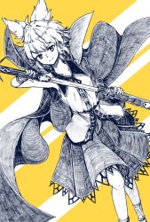 Rule 34 | 1girl, blouse, bracelet, cape, closed mouth, dutch angle, feet out of frame, greyscale, greyscale with colored background, gurajio, highres, holding, holding sword, holding weapon, jewelry, looking at viewer, monochrome, orange background, pointy hair, sailor collar, sheath, shirt, short hair, skirt, sleeveless, sleeveless shirt, smile, solo, standing, striped, striped background, sword, touhou, toyosatomimi no miko, unsheathing, v-shaped eyebrows, weapon