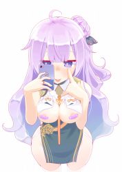 Rule 34 | 1girl, ahoge, akanbe, areola slip, azur lane, bandaid, bandaids on nipples, bare arms, between breasts, breast curtains, breasts, commentary request, cosplay, eyelid pull, finger to eye, garter straps, hair bun, highres, holding, holding phone, hujikok, jewelry, long hair, medium breasts, neckwear between breasts, pasties, pelvic curtain, phone, purple eyes, purple hair, revealing clothes, ring, selfie, side bun, simple background, single hair bun, single side bun, sirius (azur lane), sirius (azur lane) (cosplay), sirius (azure horizons) (azur lane), sleeveless, solo, standing, star (symbol), thighhighs, tongue, tongue out, unicorn (azur lane), white background, white thighhighs, wide hips