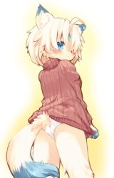Rule 34 | 1girl, animal ears, blue eyes, blush, copyright request, from behind, from below, furry, furry female, kishibe, looking back, panties, ribbed sweater, shirt tug, short hair, solo, sweater, tail, underwear