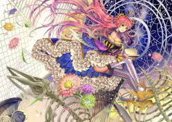 Rule 34 | 1girl, ass, bad id, bad pixiv id, bare shoulders, bone, book, breasts, bridal gauntlets, choker, column, daisy, dinosaur, dress, ells, floating hair, flower, frilled dress, frills, green eyes, hair ornament, high heels, holding, holding book, juliet sleeves, lace, lace-trimmed legwear, lace trim, laces, large breasts, long hair, long sleeves, looking at viewer, open book, original, pillar, pink hair, platform footwear, platform heels, puffy sleeves, shoes, sitting, skeleton, sky, smile, solo, star (sky), starry sky, strapless, strapless dress, surreal, thighhighs, very long hair, winged footwear, wings