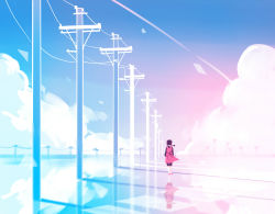 Rule 34 | 1girl, asahina hiyori, black hair, cable, cloud, highres, kagerou project, lilya, long hair, low twintails, power lines, reflection, road sign, sign, sky, solo, twintails, utility pole