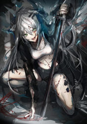 Rule 34 | 1girl, :d, animal ears, arknights, black shorts, blood, chuhaibane, commentary, crop top, female focus, green eyes, grey hair, hair ornament, hairclip, highres, holding, holding sword, holding weapon, lappland (arknights), long hair, looking at viewer, material growth, midriff, navel, open mouth, oripathy lesion (arknights), shirt, short shorts, shorts, smile, solo, stomach, sword, thighs, very long hair, weapon, white shirt, wolf ears