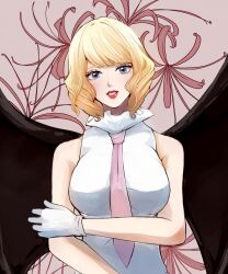 Rule 34 | 1girl, absurdres, aomushimm, blonde hair, blue eyes, commentary request, dress, drill hair, flower, gloves, highres, looking at viewer, necktie, one piece, parted lips, pink necktie, purple background, red lips, short hair, sleeveless, sleeveless dress, solo, spider lily, stussy (one piece), upper body, white gloves, wings